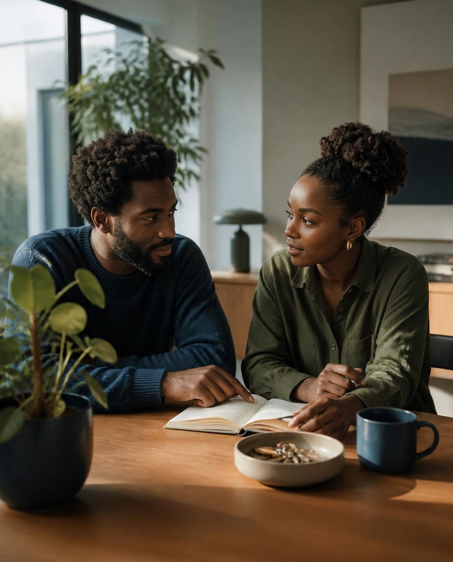 Casal planejando objetivos de vida em casa, em uma conversa tranquila à mesa