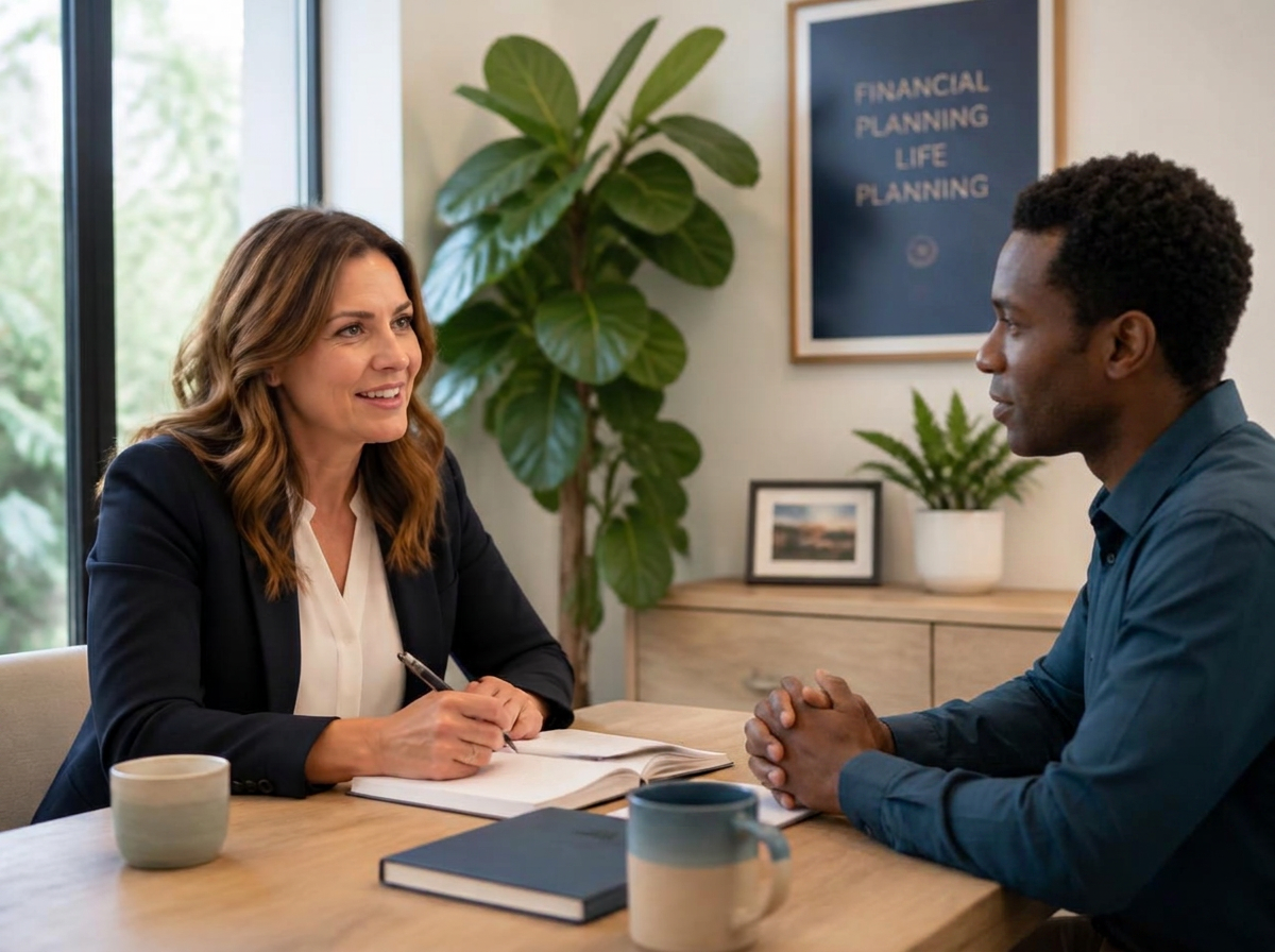 Planejadora financeira conversando com uma cliente em um escritório acolhedor