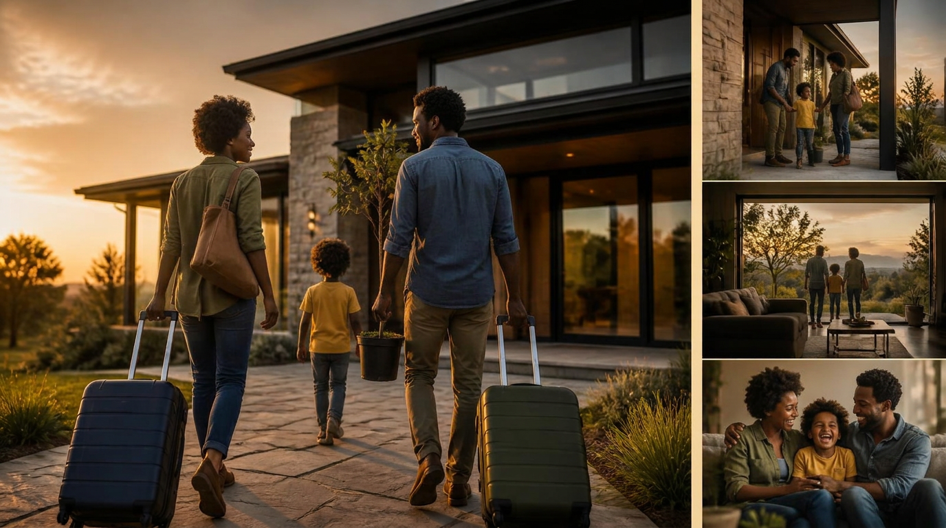 Família chegando em casa ao entardecer, com malas de viagem e uma muda de árvore